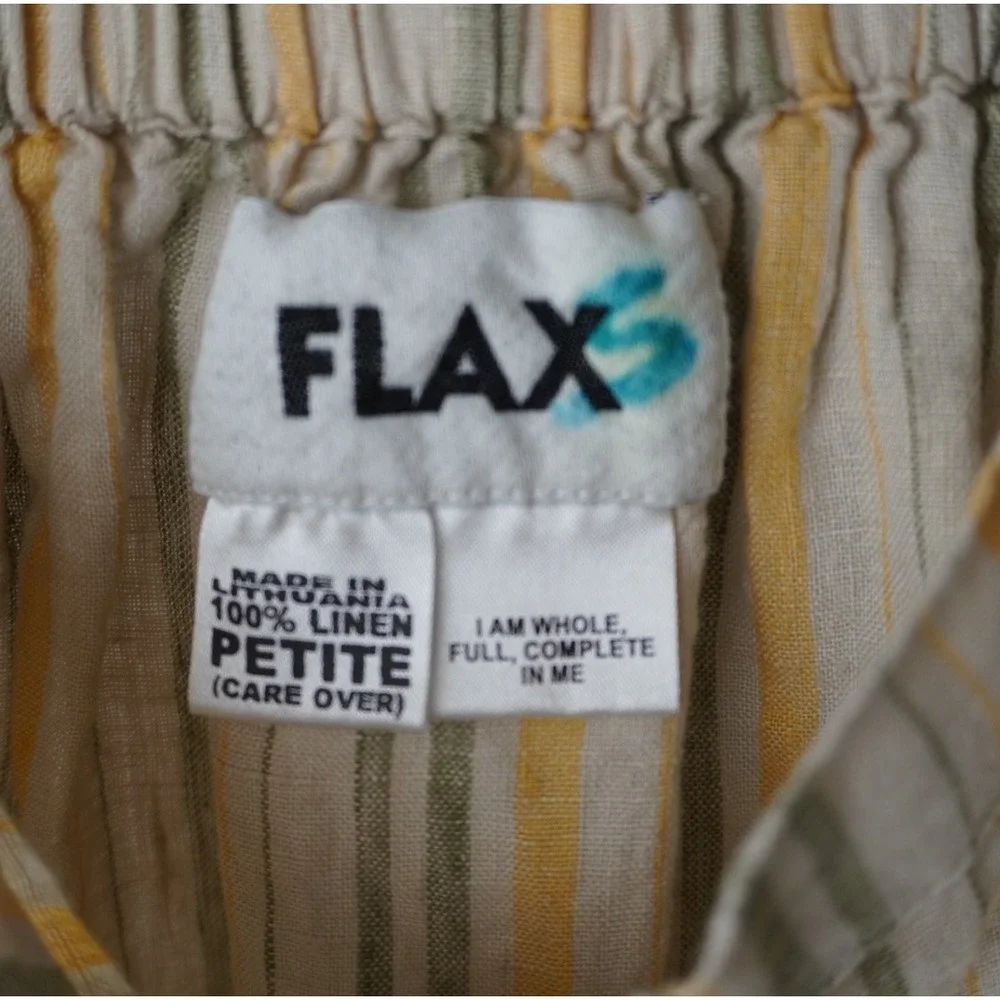 Flax Linen 2 Piece Set Yellow Green Striped Top and Midi Skirt Petite